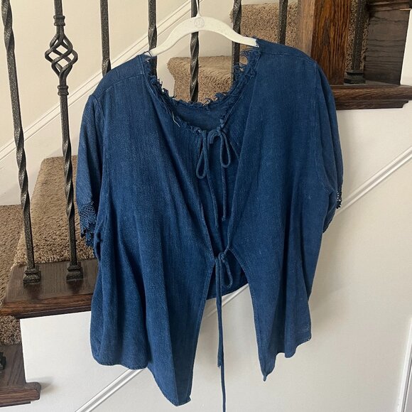 Everleigh Blue Short Sleeve Top – Lace, Open Back with Ties - Picture 1 of 4